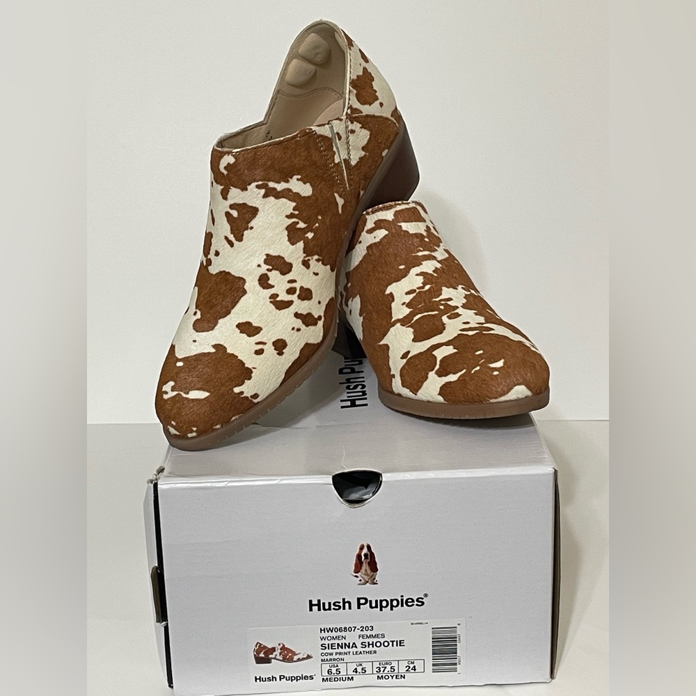 Hush Puppies Sienna Bootie/Shootie Brown Cow White Print Fur/leather Comfy 6.5 - Picture 4 of 14